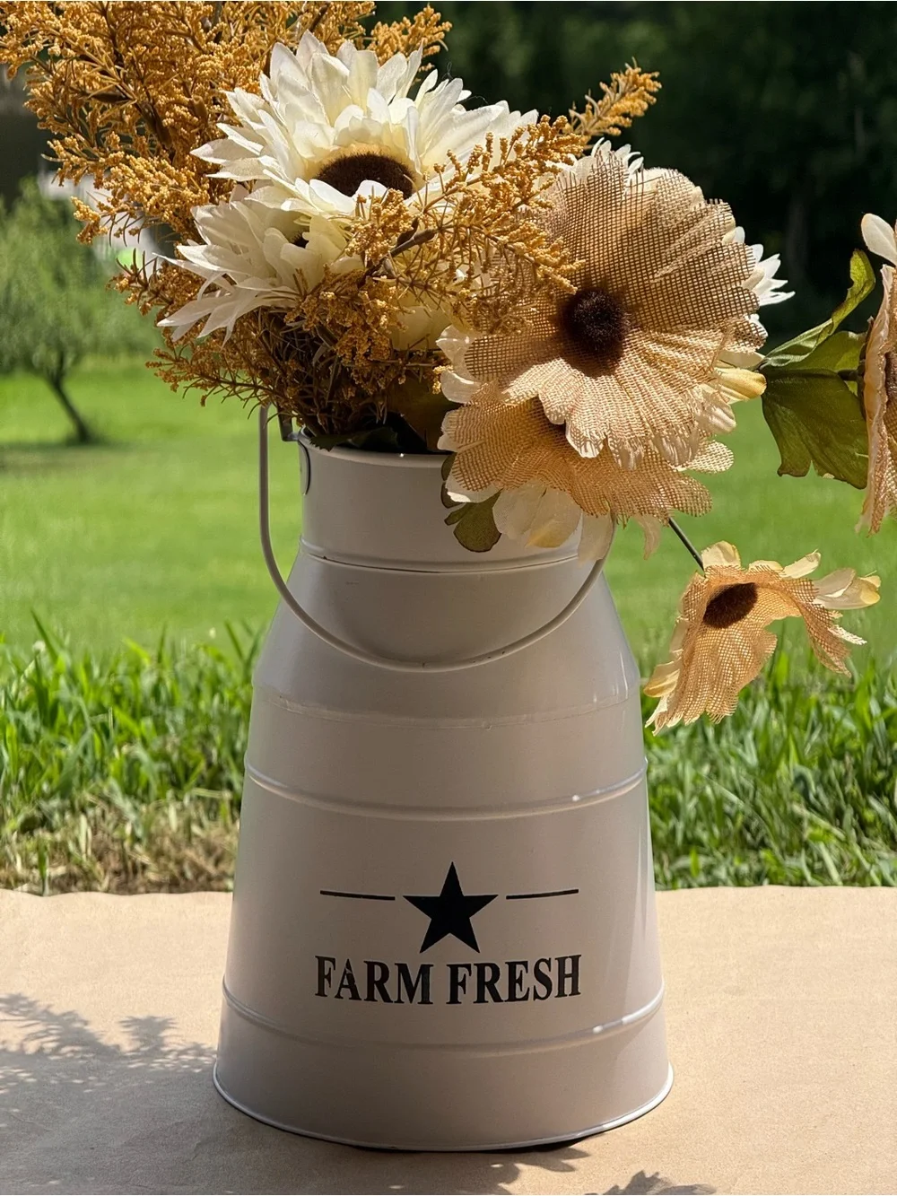 Farm Fresh White Metal Pitcher Vase with Artificial Flowers